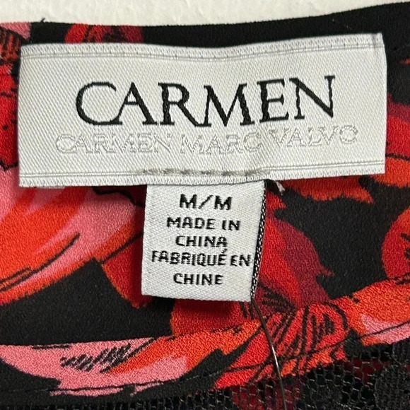 Carmen Marc Valvo Women’s Blouse Medium Floral Red Black Lace Keyhole‎ Romantic - Picture 15 of 16